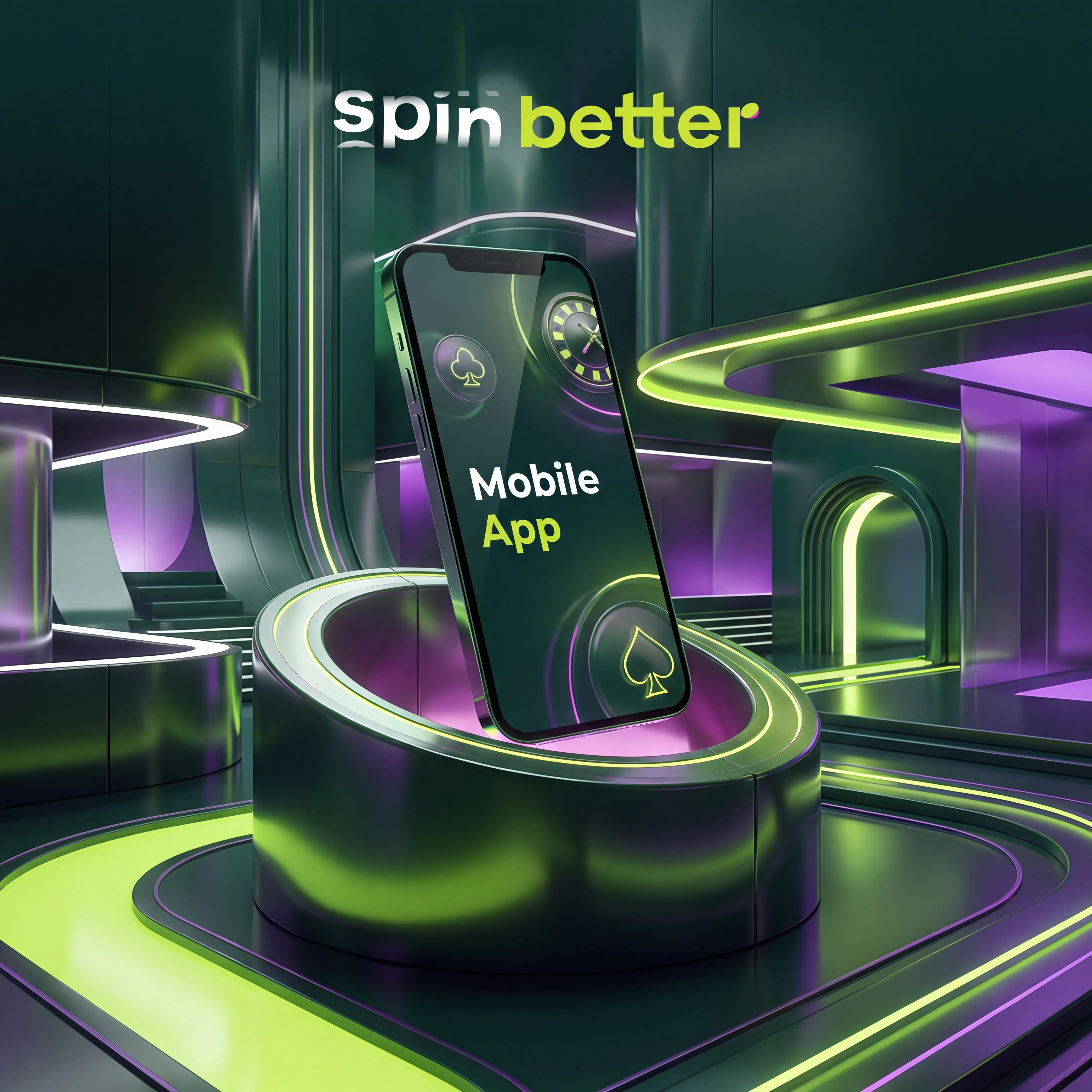 SpinBetter mobile app displayed on a neon podium